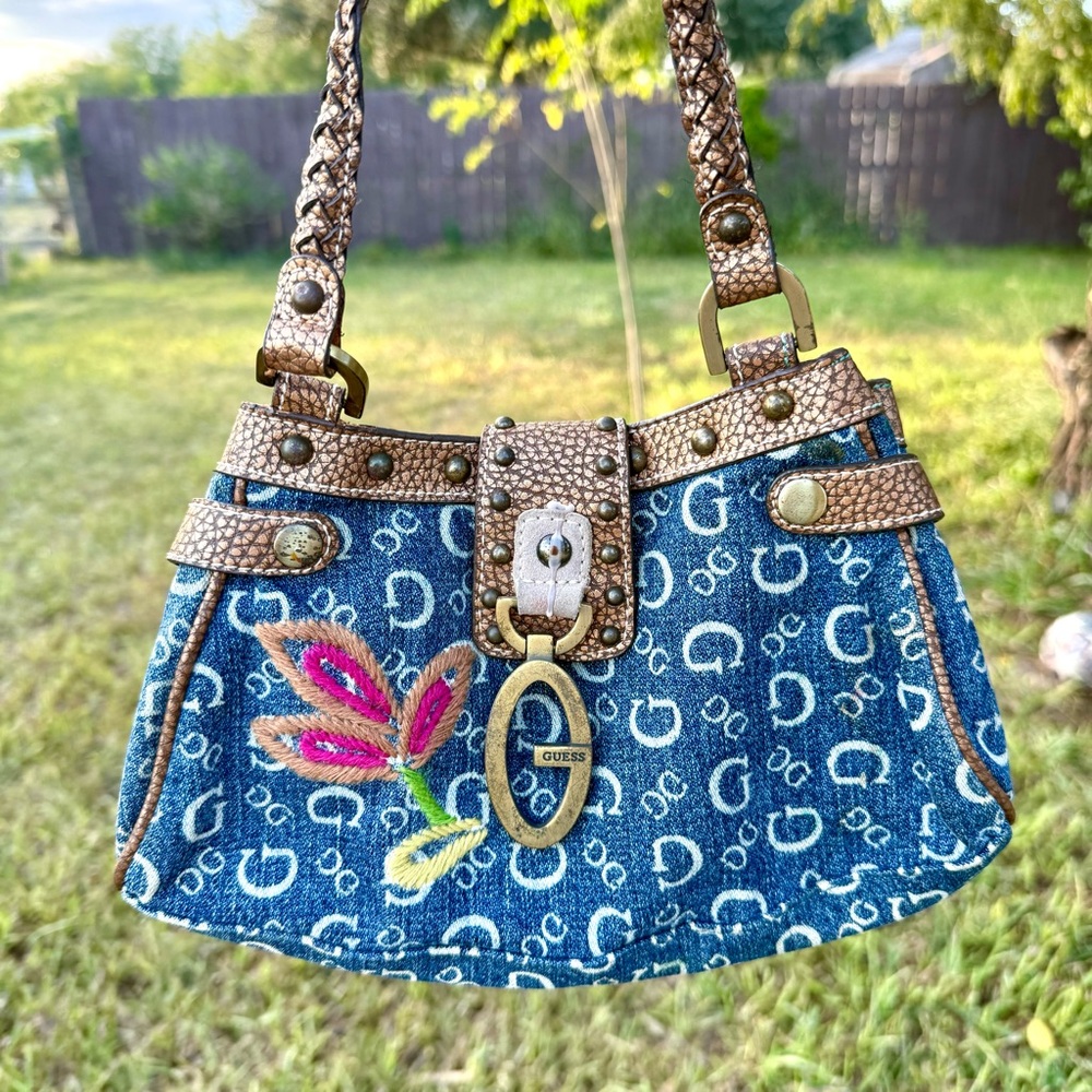 Vintage Y2K Guess Embroidered Floral Denim Mini Bag